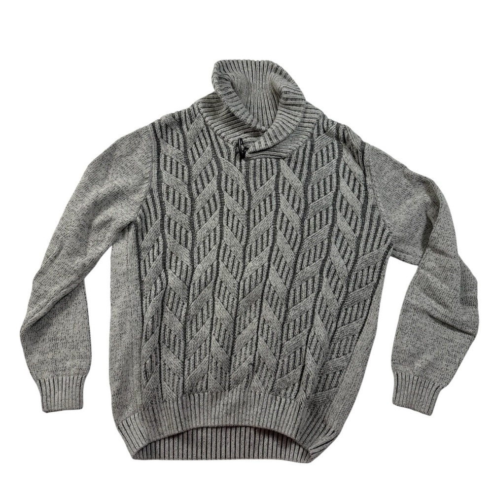 Preswick & Moore Gray Chevron Knit Sweater – Mock Neck with Zipper Detail Large